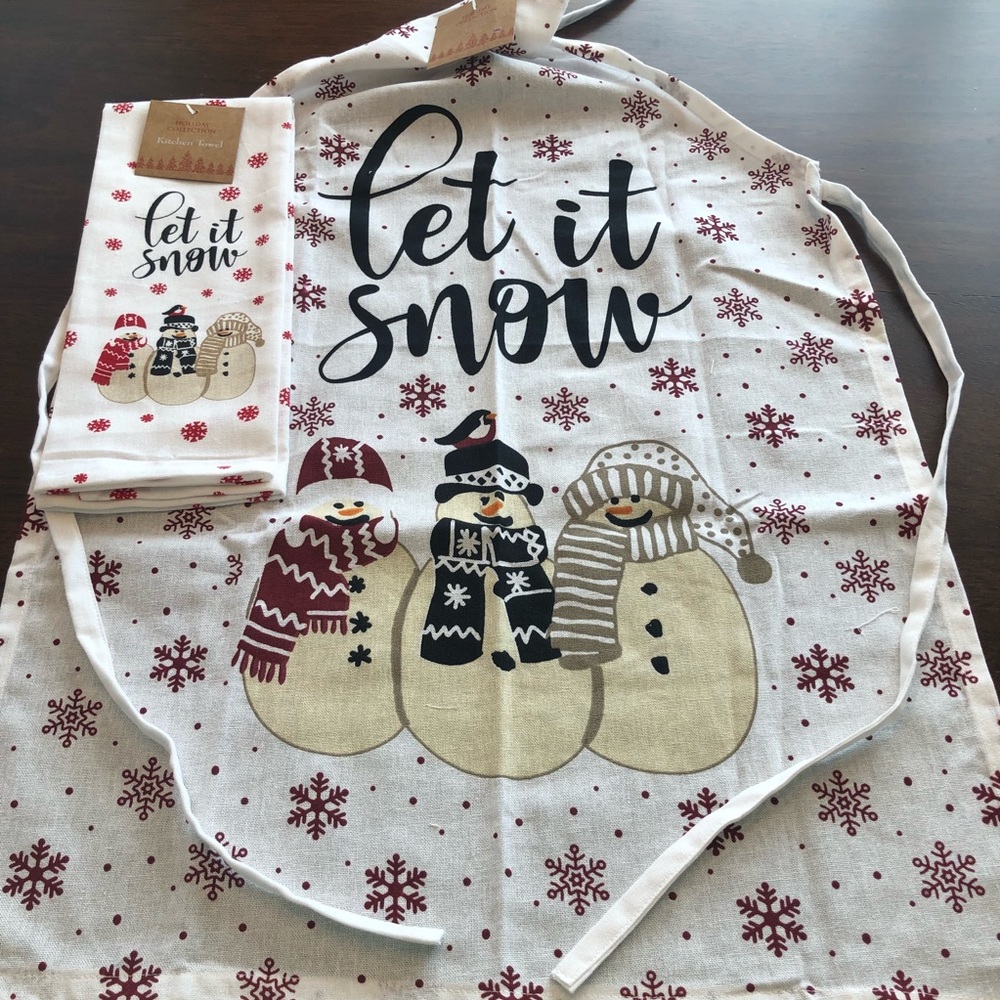 Apron and Towel Set with snowmen Let It Snow with red snow flakes